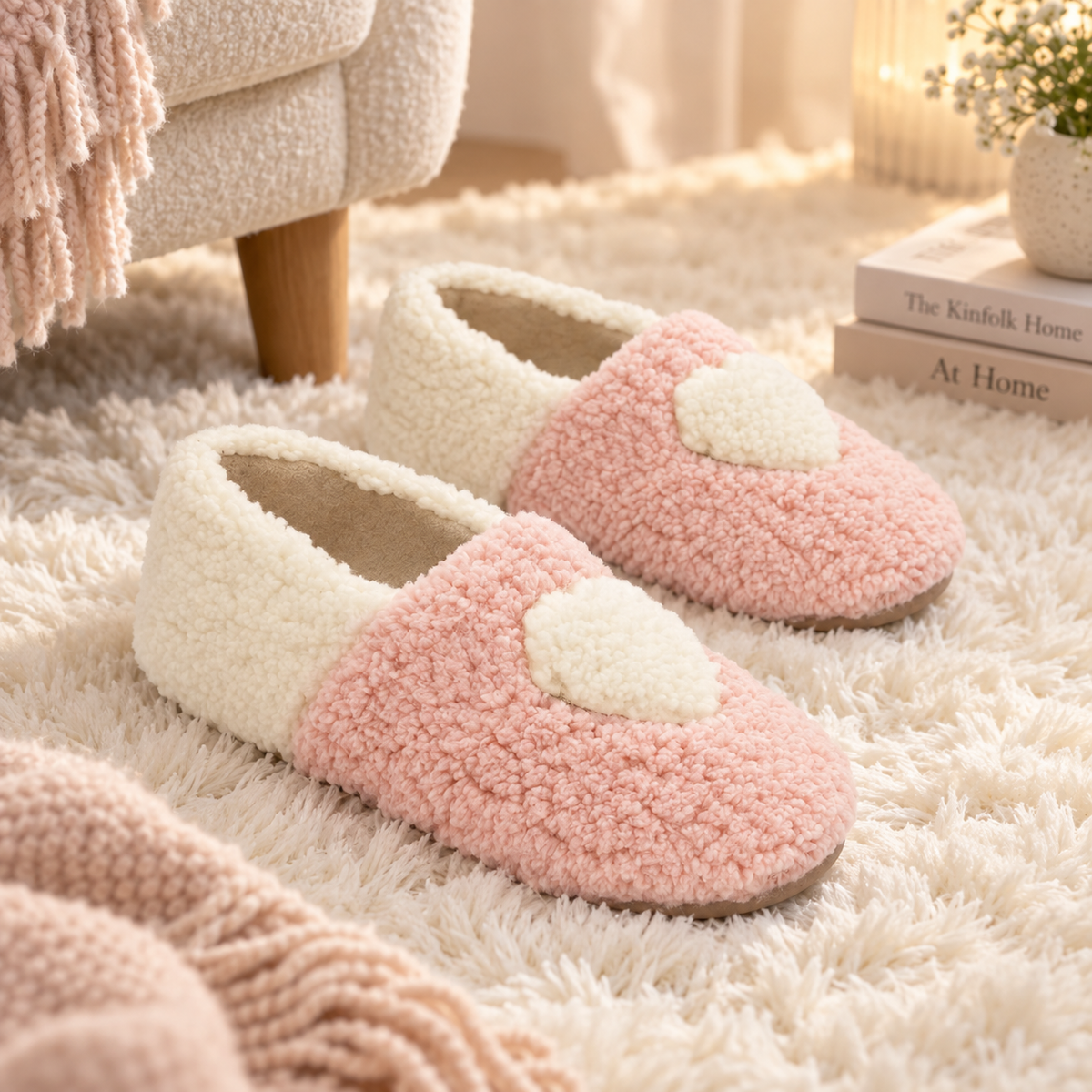 Pantufa Sapatilha Bela rosa coração felpuda Artema