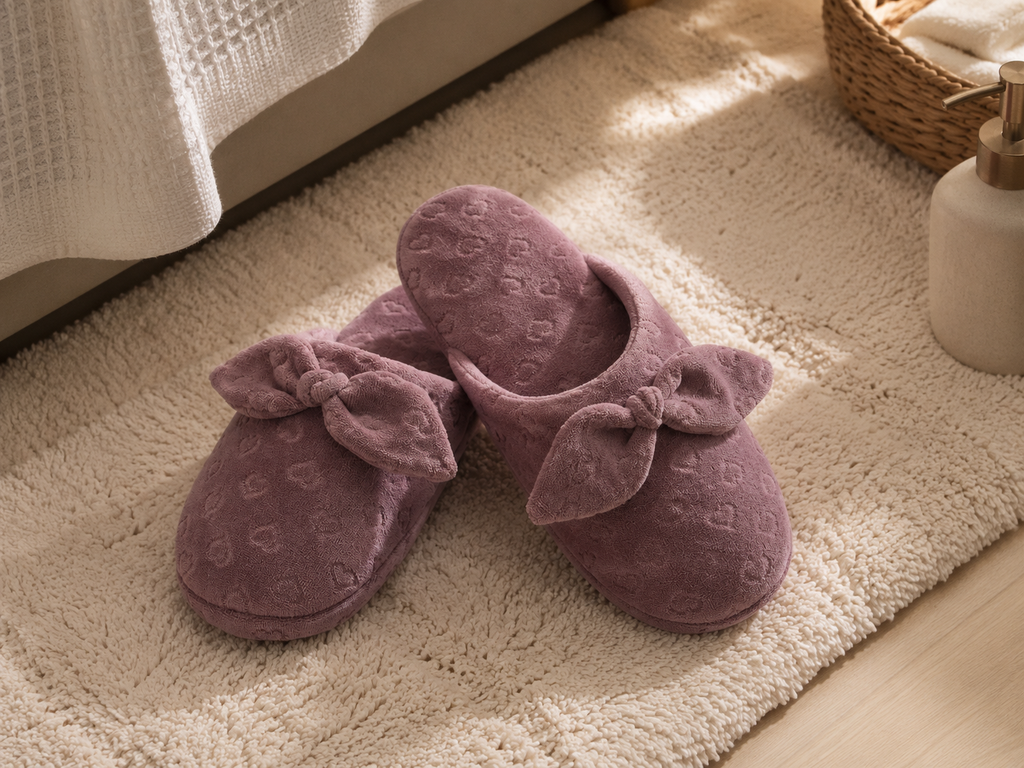 Pantufa Elisa atoalhada roxa com laço