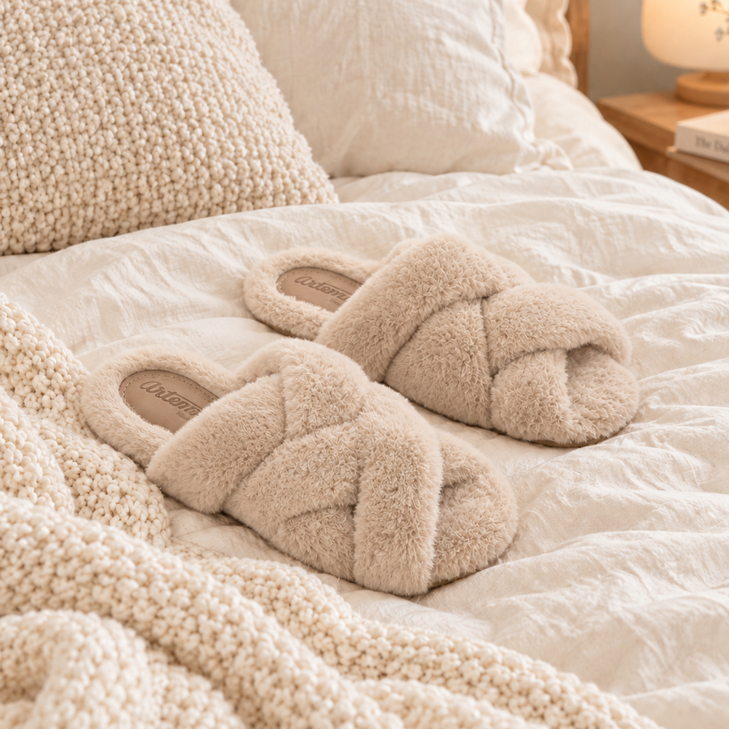 Pantufa Luna felpuda pele sintética bege